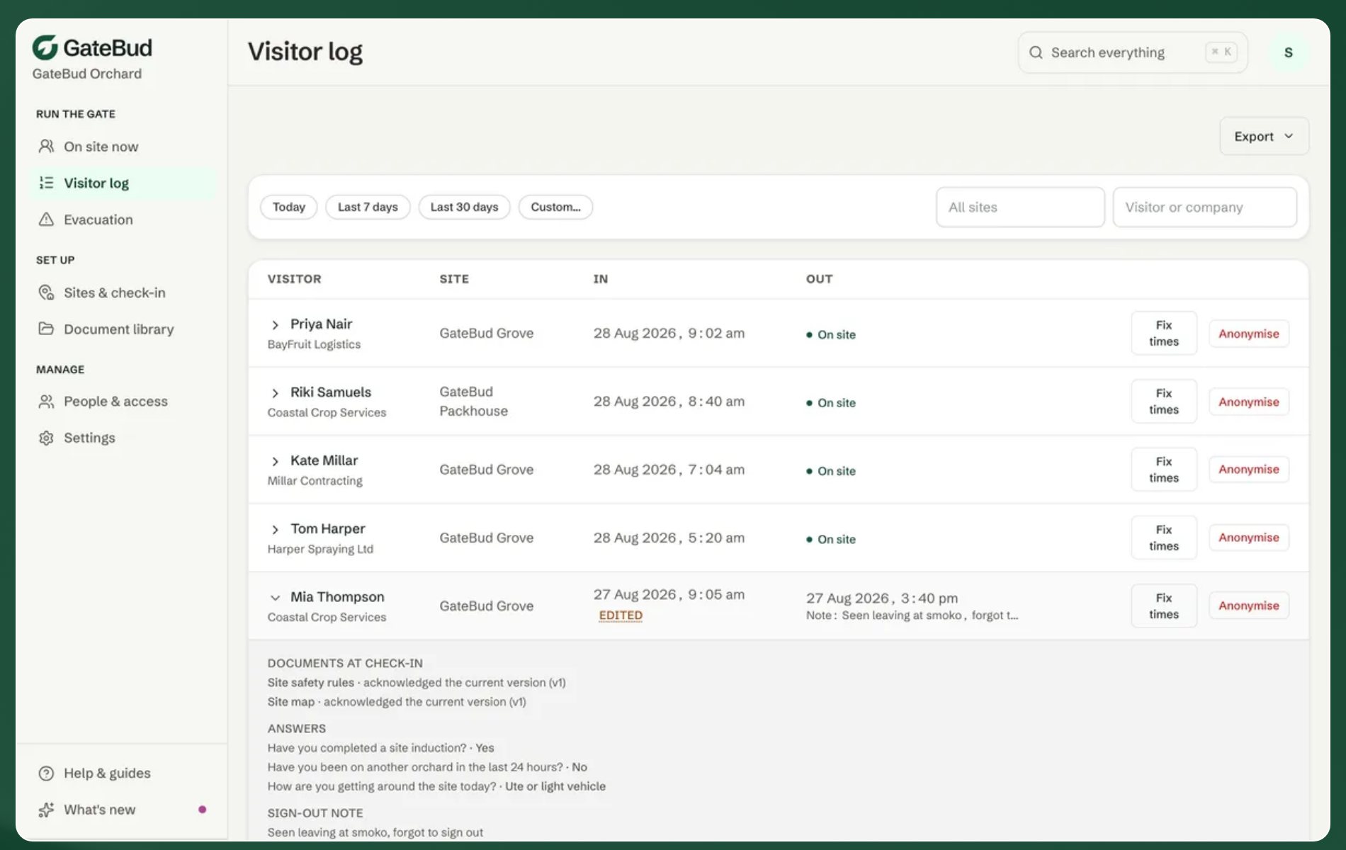 The GateBud visitor log, with a visit expanded to show the documents acknowledged, the visitor's answers and a sign-out note.