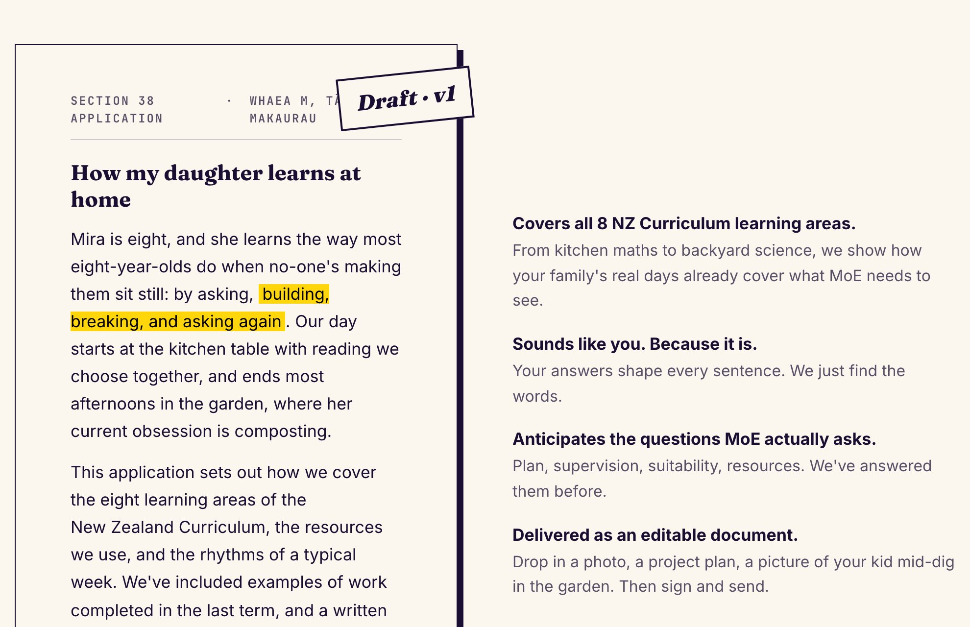 An excerpt of a Pulled sample draft, written in a parent's own voice.